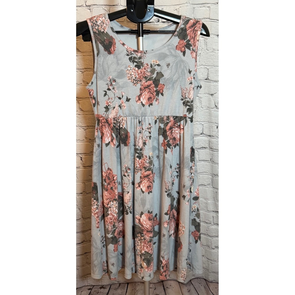 PinkBlush Floral Empire Waist Sleeveless Dress Gray Pink Large